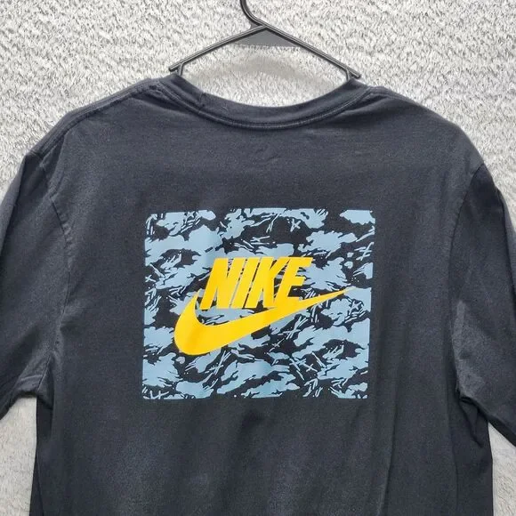 Men's M Nike The Nike Tee Black L/S T-Shirt Yellow Swoosh Blue Camo Back Graphi - Picture 8 of 12